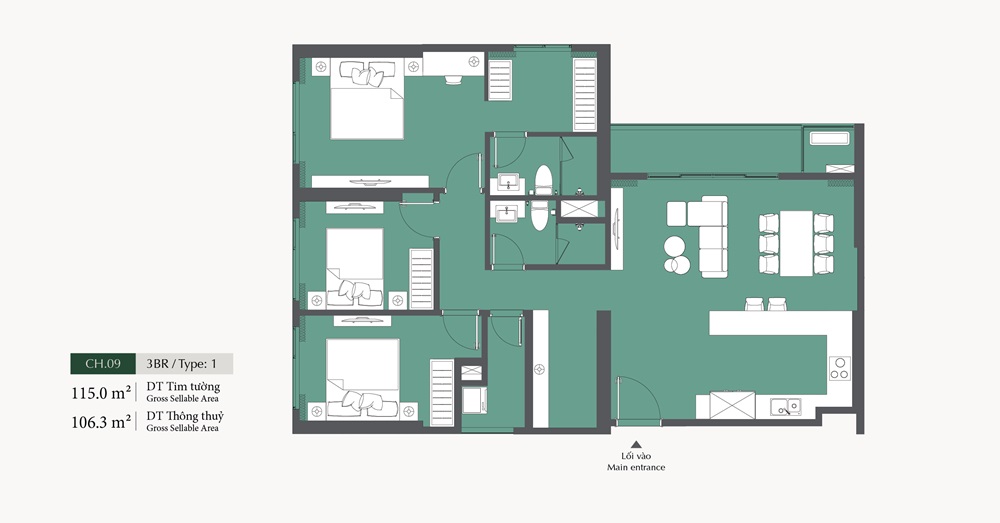Thiết kế căn hộ 3 phòng ngủ Lumiere Evergreen