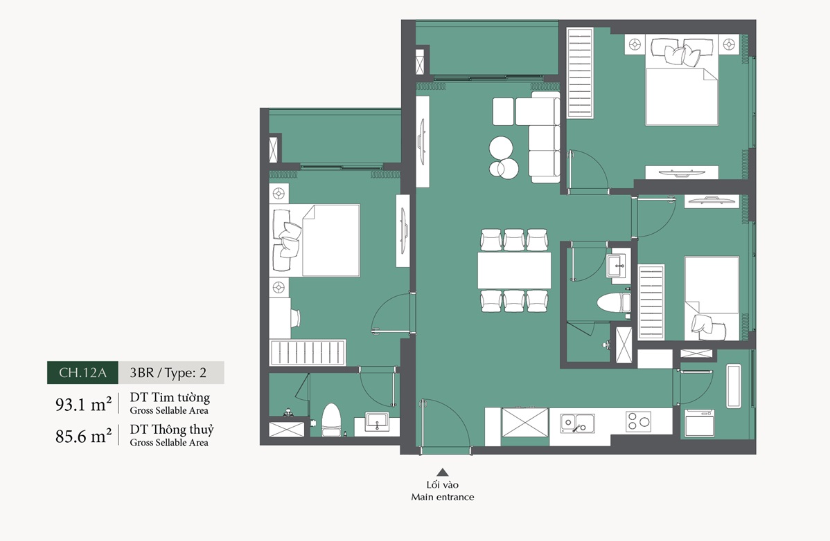 Thiết kế căn hộ 3 ngủ Lumiere Evergreen diện tích 85,6m2