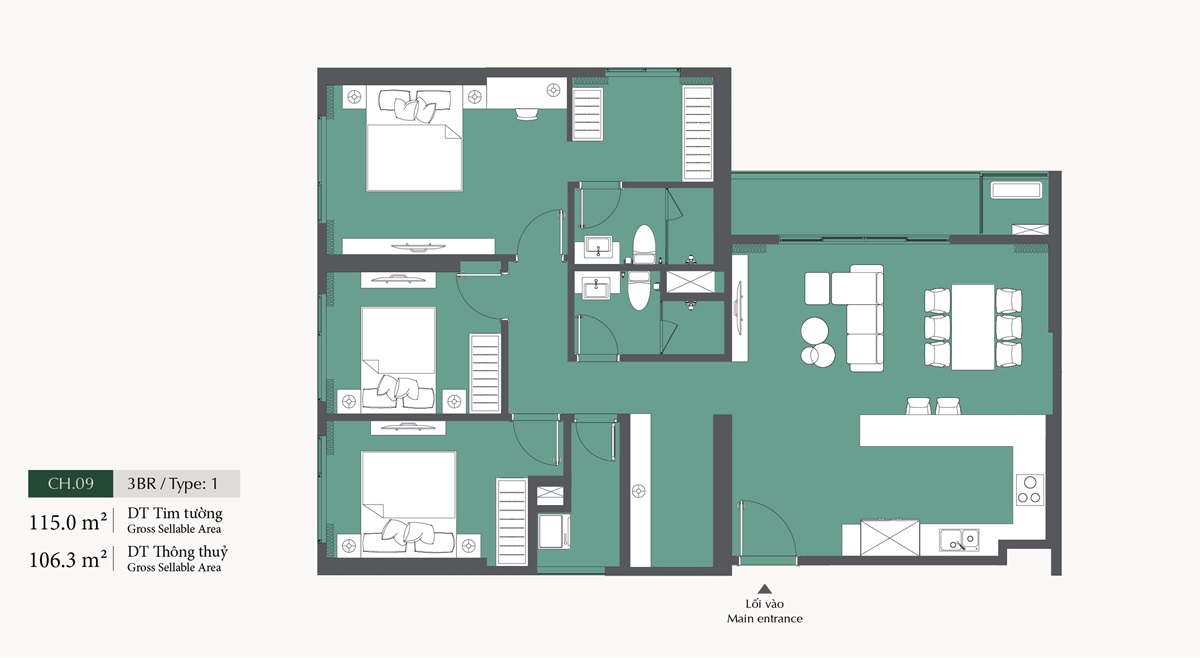 Thiết kế căn hộ 3 ngủ Lumiere Evergreen diện tích 105m2