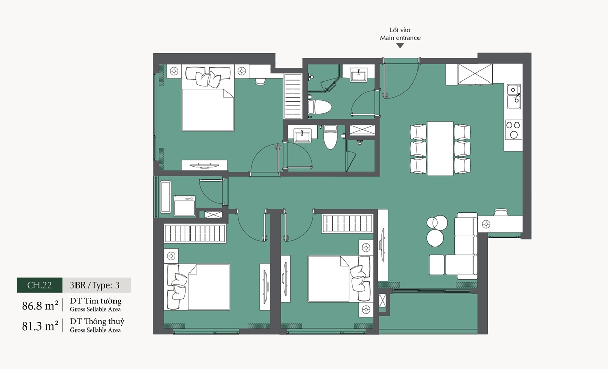Thiết kế căn hộ 3 ngủ Lumiere Evergreen diện tích 81m2